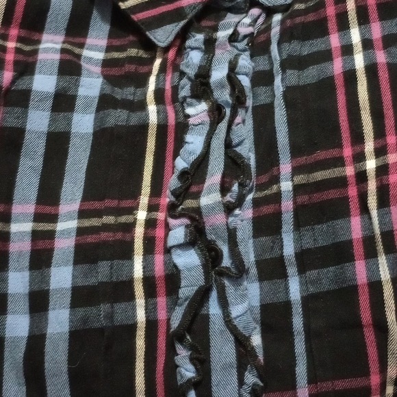 Betsey Johnson M Ruffle Front Sleep Shirt Top Long sleeve button front Plaid  M - Picture 4 of 7